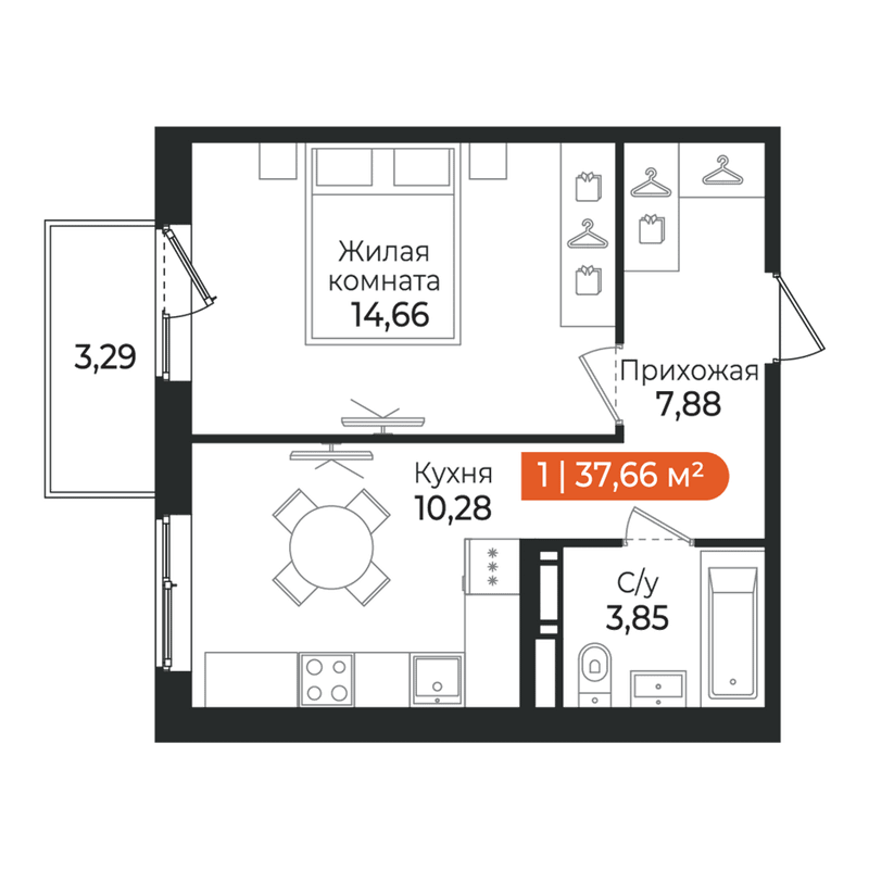 1-комнатная квартира, 37.66 м² в ЖК "Алгоритм Квинта" - планировка, фото №1