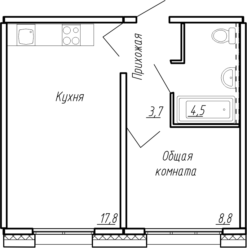 2-комнатная (Евро) квартира, 34.8 м² в ЖК "Сибирь" - планировка, фото №1