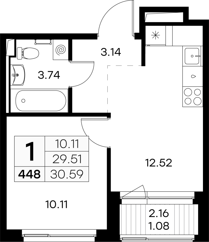 1-комнатная квартира, 30.59 м² - планировка, фото №1