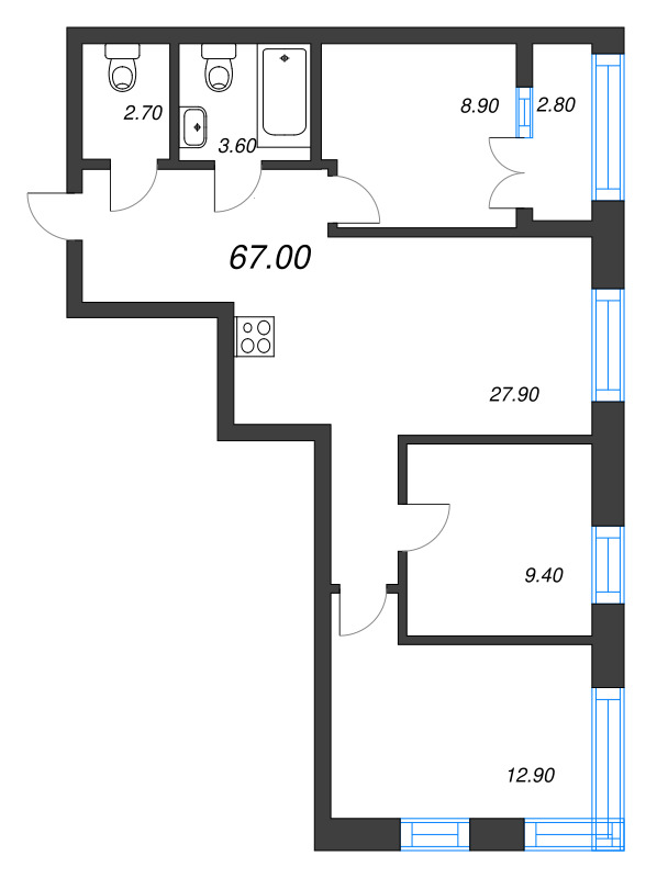 3-комнатная квартира, 67 м² - планировка, фото №1