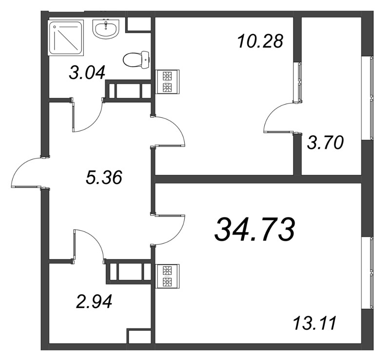 1-комнатная квартира, 34.73 м² - планировка, фото №1