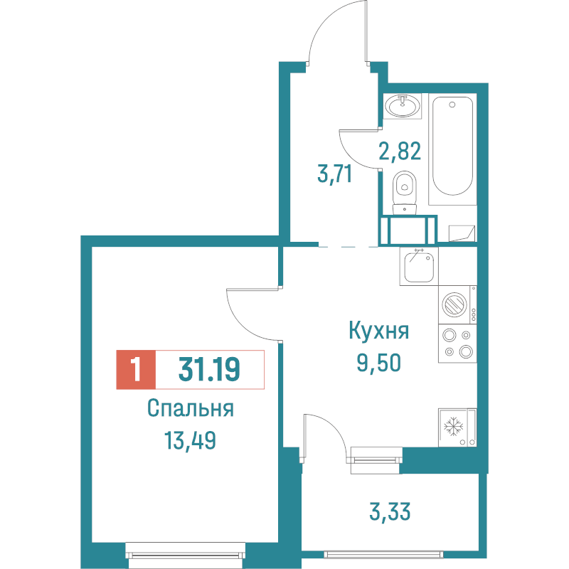 1-комнатная квартира, 31.19 м² - планировка, фото №1
