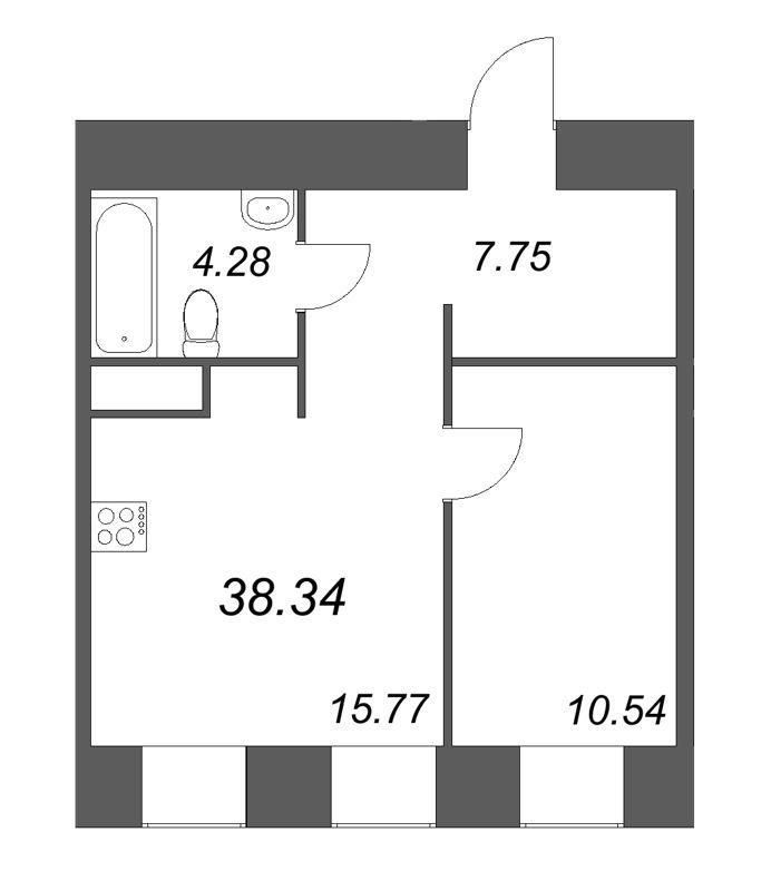 1-комнатная квартира, 38.34 м² в ЖК "Моисеенко 10" - планировка, фото №1