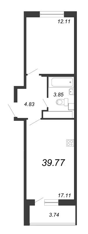 2-комнатная (Евро) квартира, 39.77 м² - планировка, фото №1