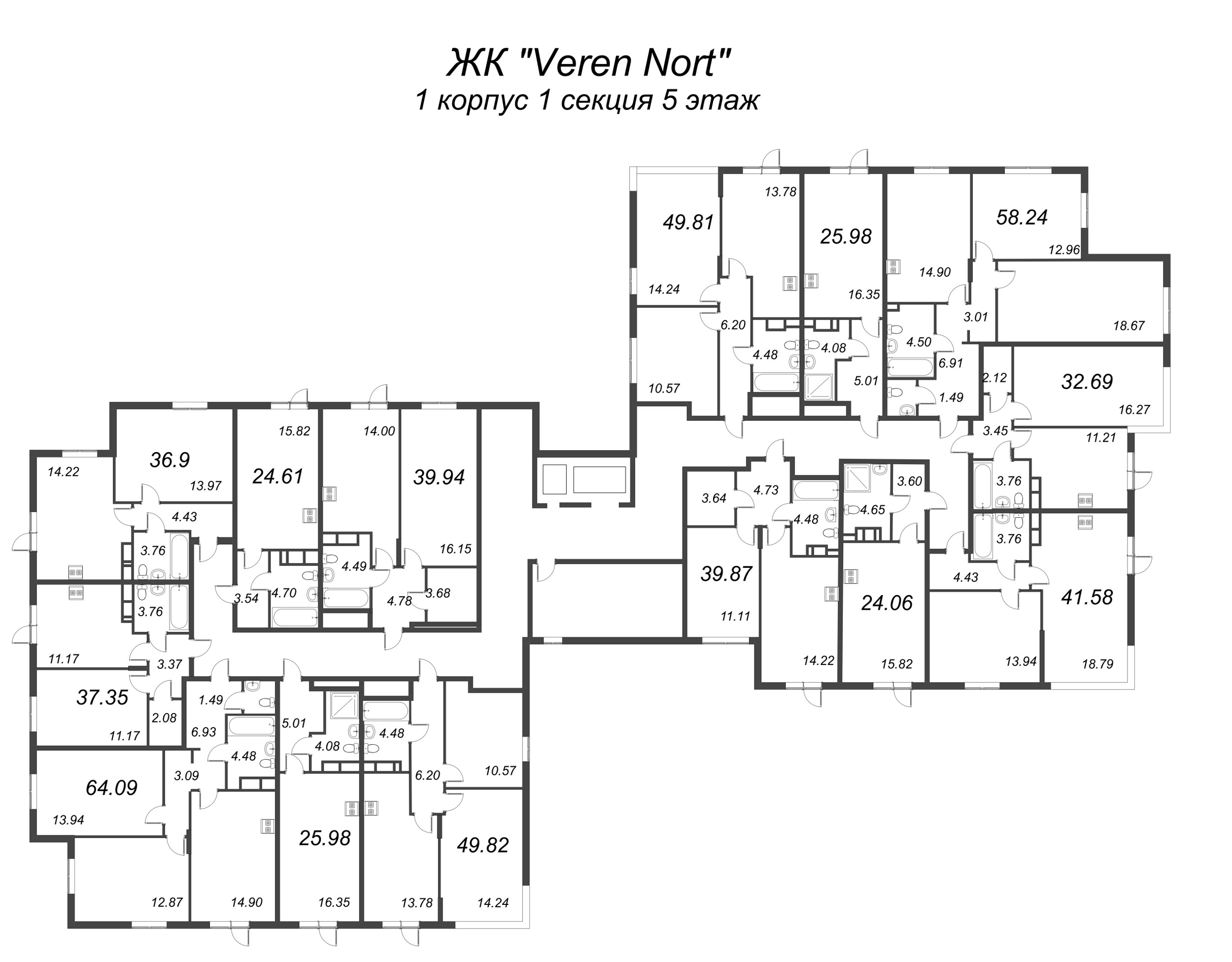 1-комнатная квартира, 36.9 м² в ЖК "VEREN NORT сертолово" - планировка этажа