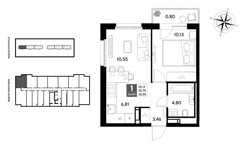 2-комнатная (Евро) квартира, 36.55 м² - планировка, фото №1