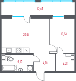 2-комнатная (Евро) квартира, 49.7 м² в ЖК "Город-спутник Южный" - планировка, фото №1