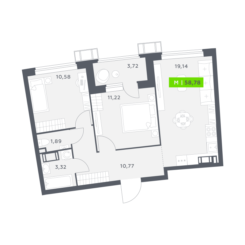 3-комнатная (Евро) квартира, 58.78 м² в ЖК "Аквилон РИВА" - планировка, фото №1