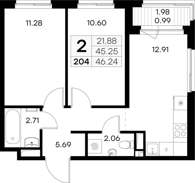 2-комнатная квартира, 46.24 м² в ЖК "GloraX Новоселье" - планировка, фото №1