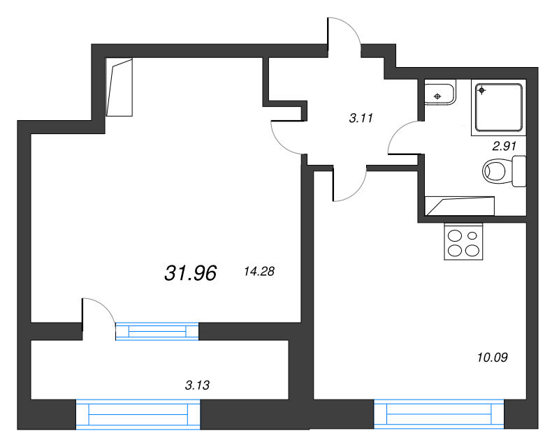 1-комнатная квартира, 31.96 м² в ЖК "БелАрт" - планировка, фото №1