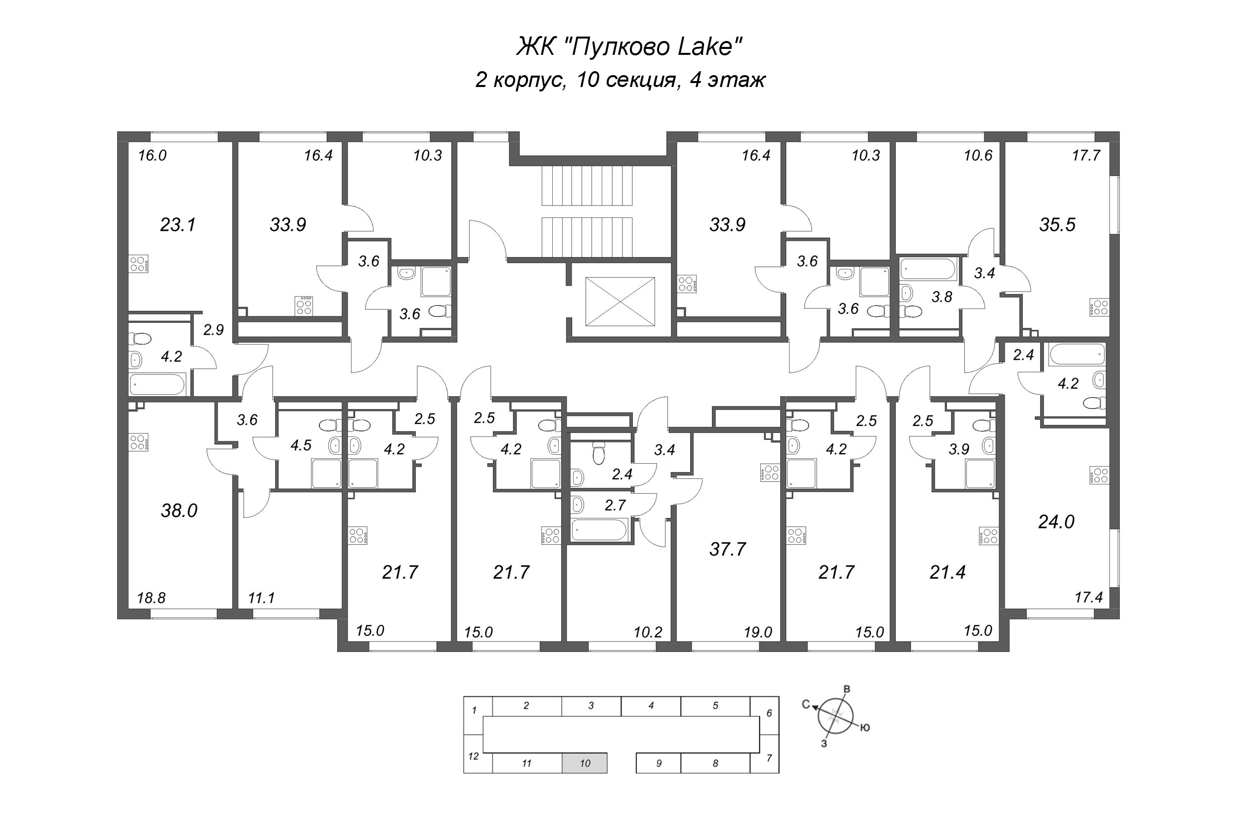 2-комнатная (Евро) квартира, 33.9 м² в ЖК "Пулково Лейк" - планировка этажа