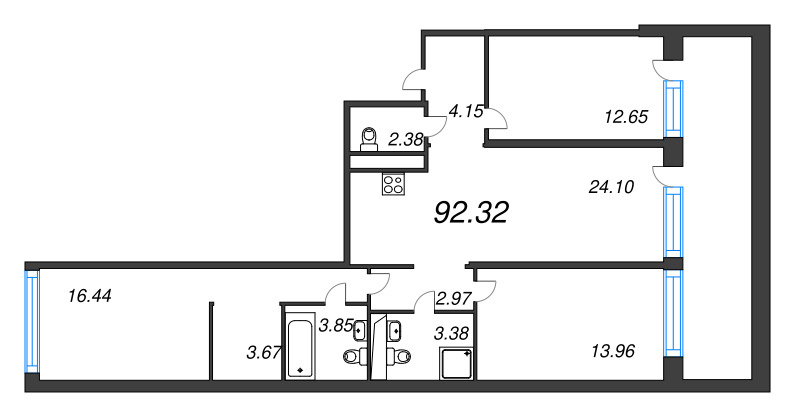 4-комнатная (Евро) квартира, 92.32 м² - планировка, фото №1
