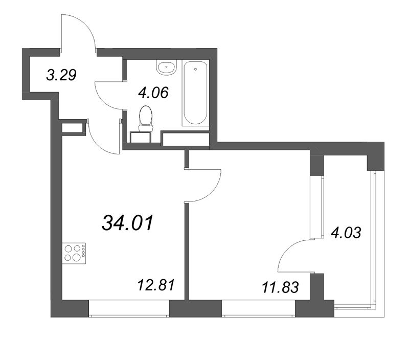 1-комнатная квартира, 34.01 м² в ЖК "Аурум" - планировка, фото №1