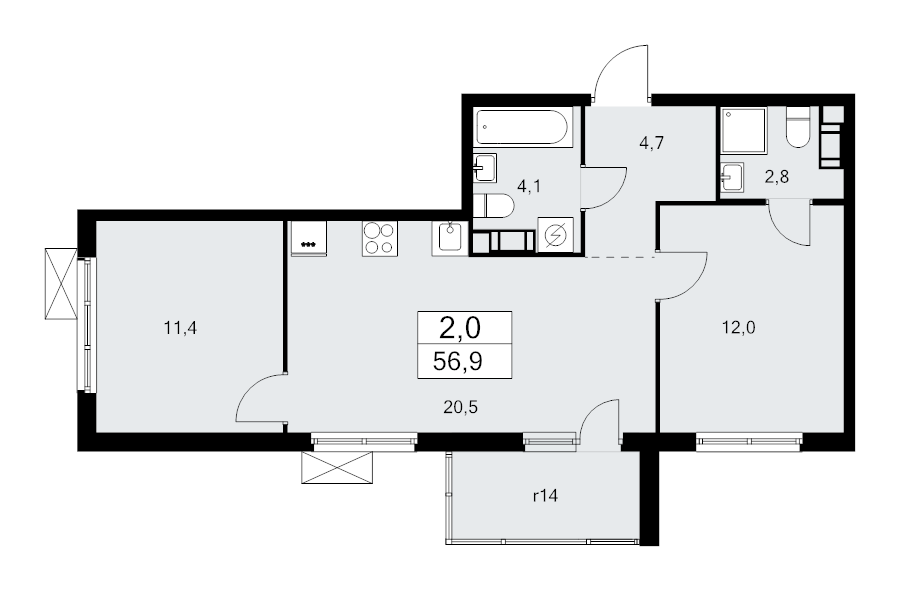 3-комнатная (Евро) квартира, 56.9 м² - планировка, фото №1