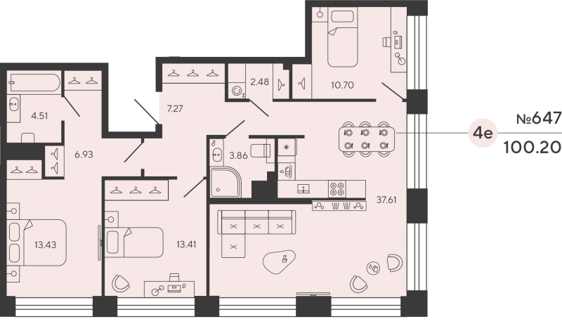 4-комнатная (Евро) квартира, 100.2 м² в ЖК "Bashni Element" - планировка, фото №1
