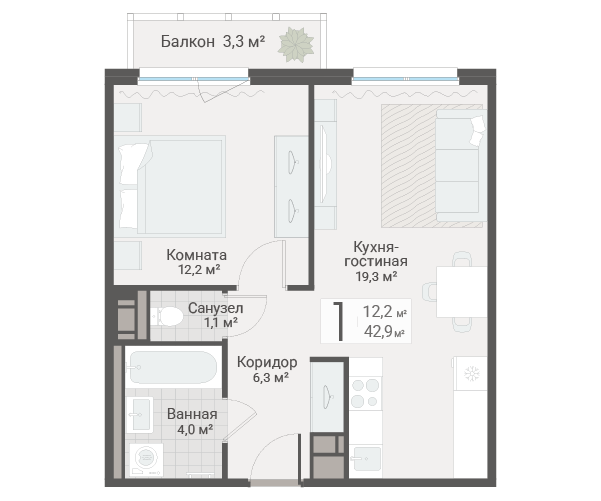 2-комнатная (Евро) квартира, 42.9 м² в ЖК "Руднева 15" - планировка, фото №1