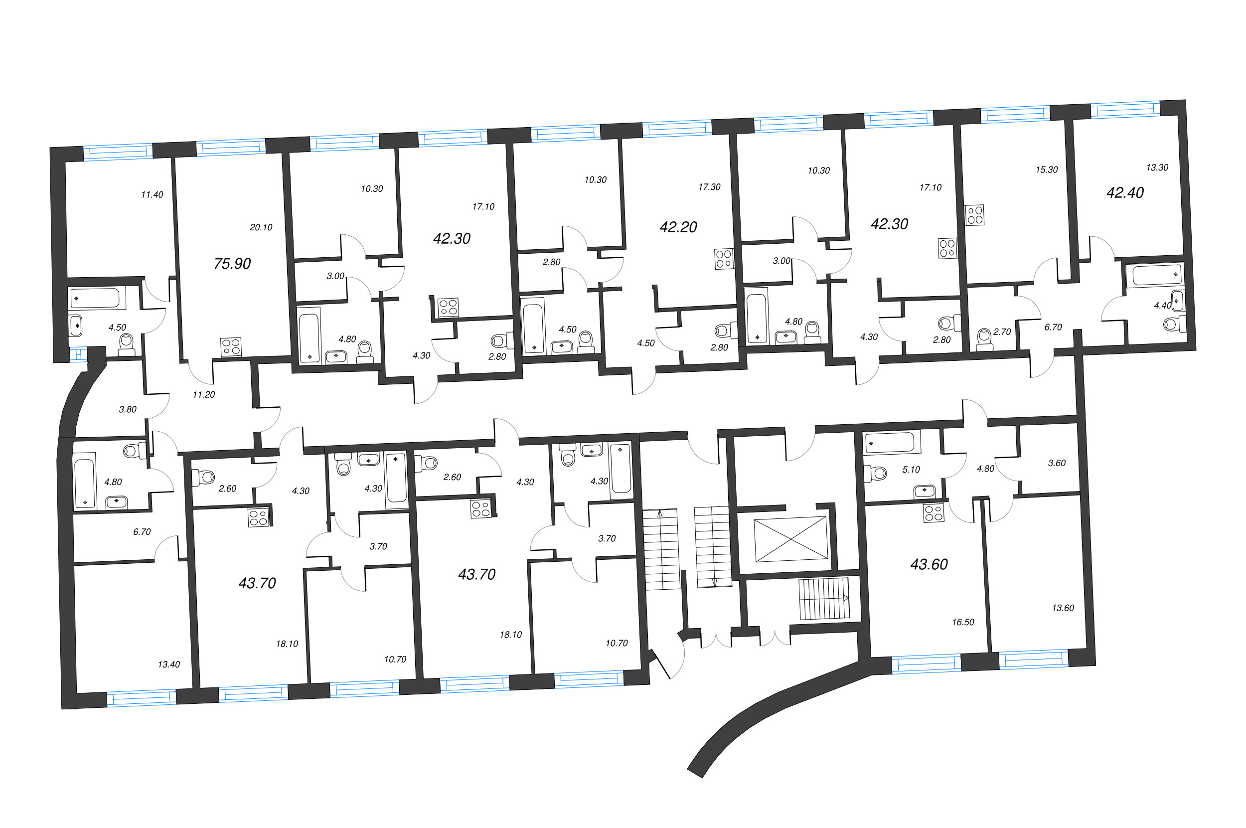 2-комнатная (Евро) квартира, 43.6 м² в ЖК "Цвет Зеленогорска" - планировка этажа