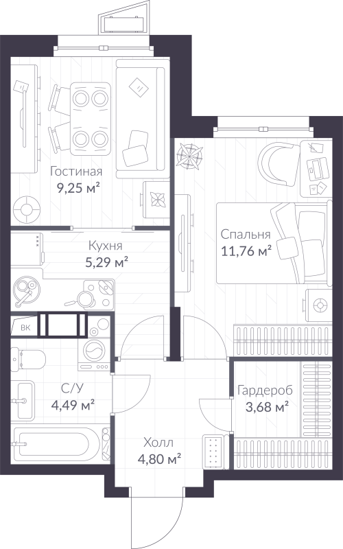 2-комнатная (Евро) квартира, 39.27 м² в ЖК "VEREN NORT сертолово" - планировка, фото №1