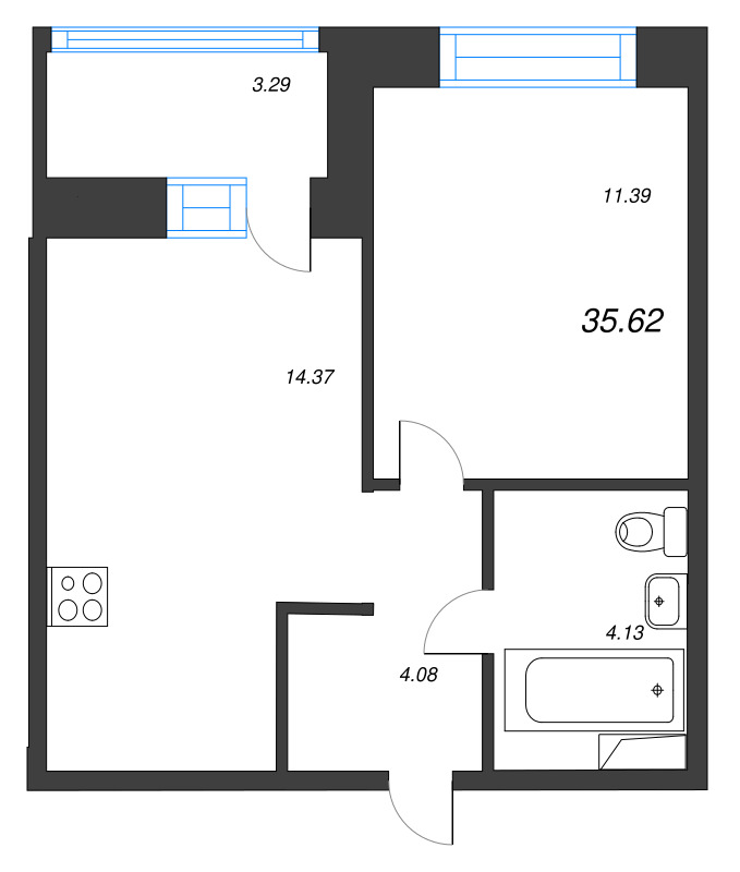 1-комнатная квартира, 35.62 м² в ЖК "Уютный" - планировка, фото №1