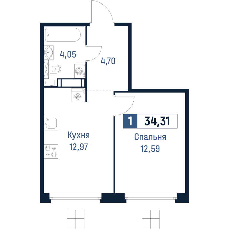 1-комнатная квартира, 34.31 м² в ЖК "Максималист" - планировка, фото №1