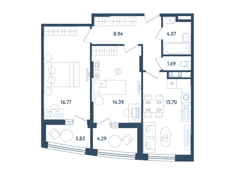 3-комнатная (Евро) квартира, 65.63 м² - планировка, фото №1