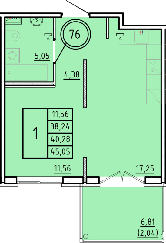 2-комнатная (Евро) квартира, 38.24 м² в ЖК "Образцовый квартал 16" - планировка, фото №1