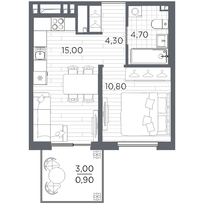 2-комнатная (Евро) квартира, 35.7 м² в ЖК "PLUS Пулковский" - планировка, фото №1