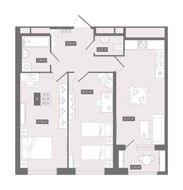 3-комнатная (Евро) квартира, 69.34 м² - планировка, фото №1