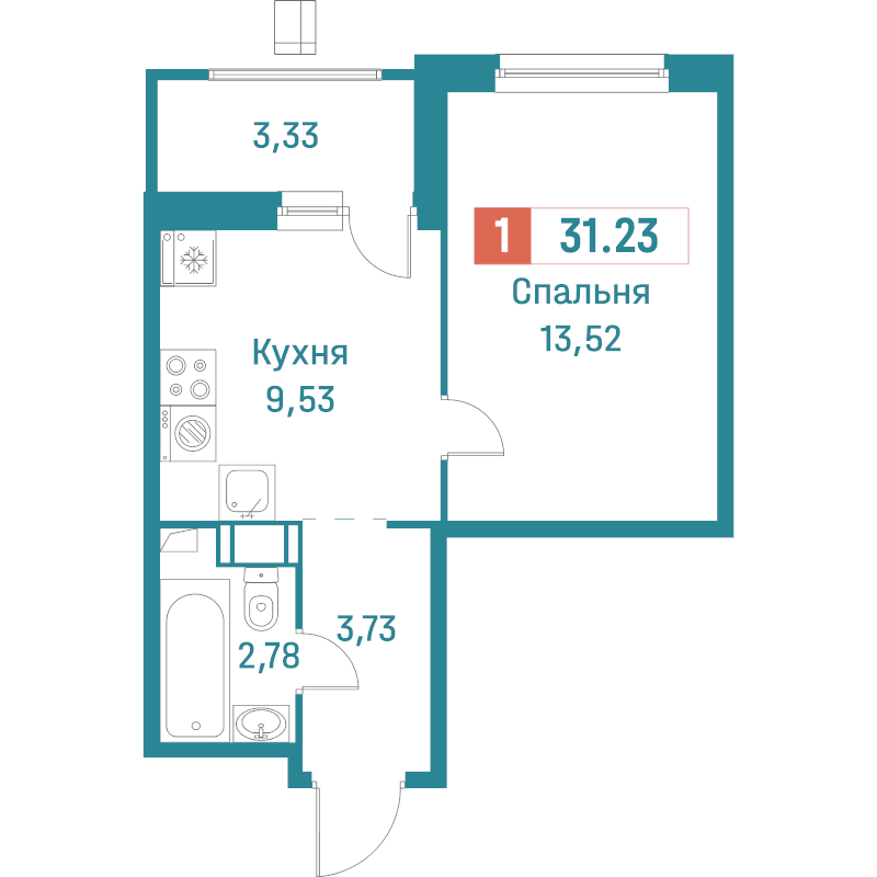 1-комнатная квартира, 31.23 м² - планировка, фото №1