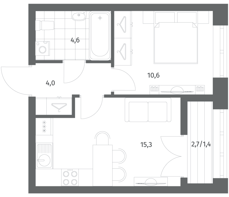 2-комнатная (Евро) квартира, 35.85 м² в ЖК "NewПитер 2.0" - планировка, фото №1