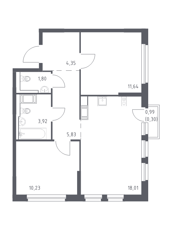 3-комнатная (Евро) квартира, 56.08 м² - планировка, фото №1