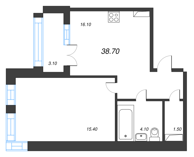 1-комнатная квартира, 38.7 м² в ЖК "NewПитер 2.0" - планировка, фото №1