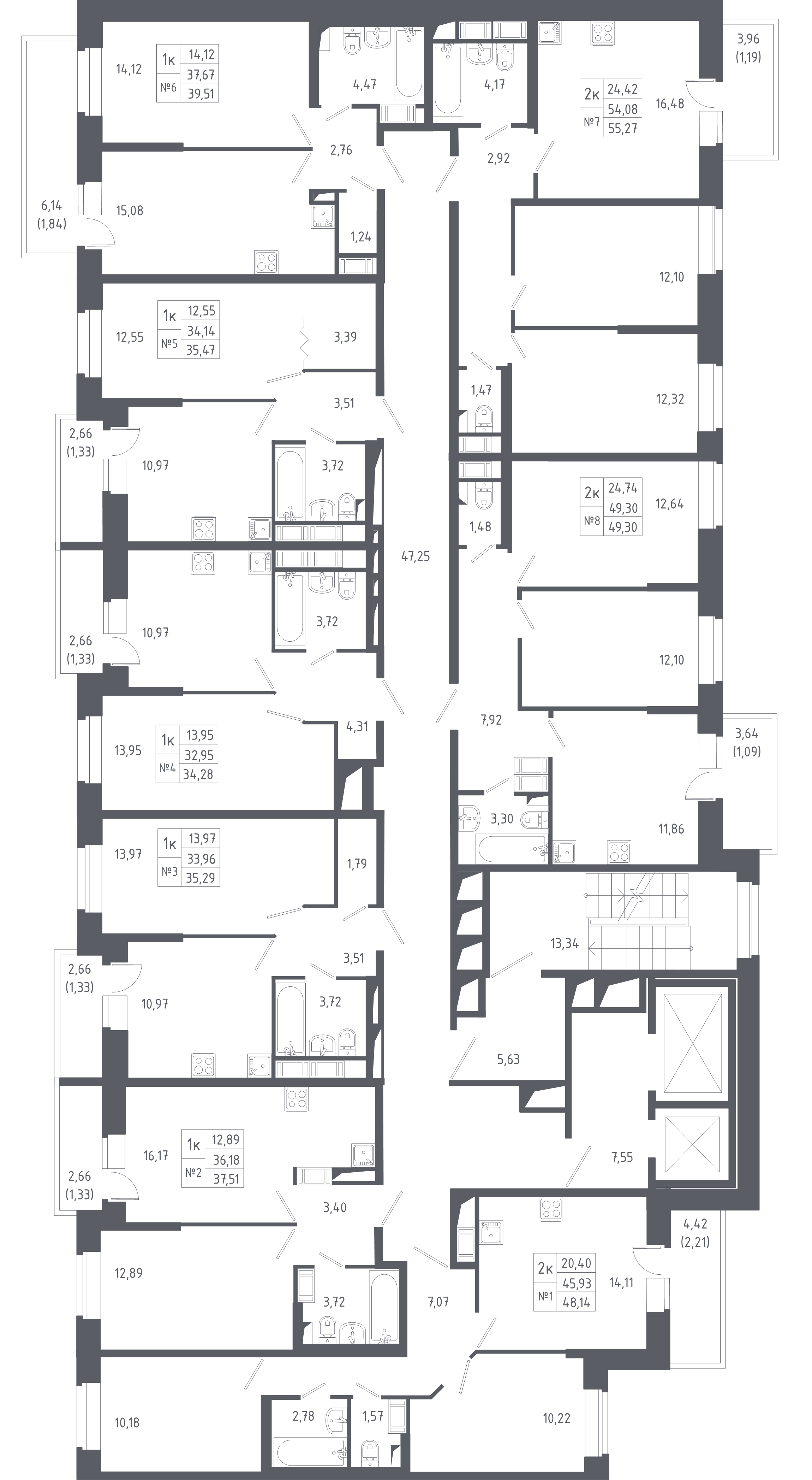 2-комнатная квартира, 48.14 м² - планировка этажа