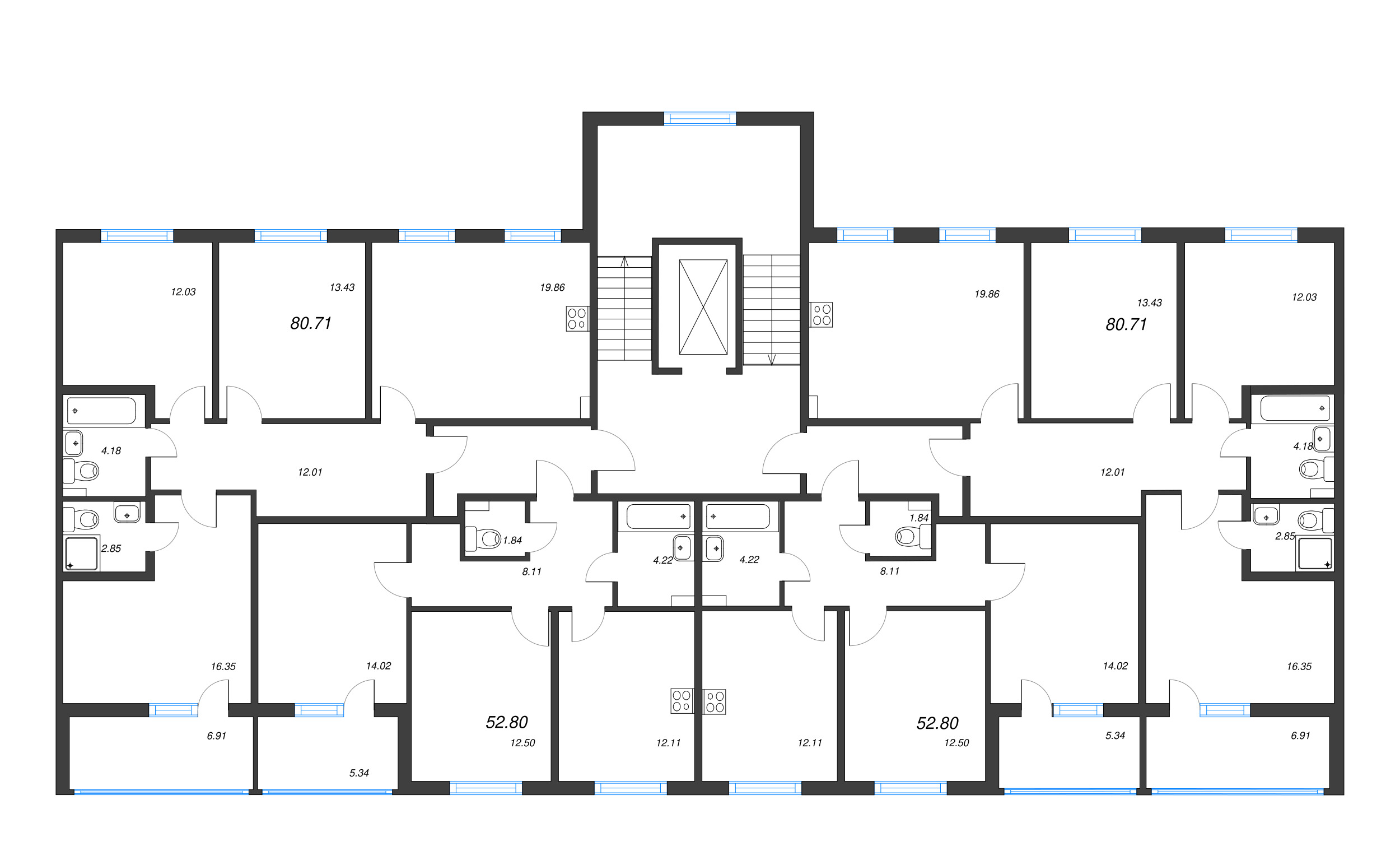 4-комнатная (Евро) квартира, 80.71 м² - планировка этажа