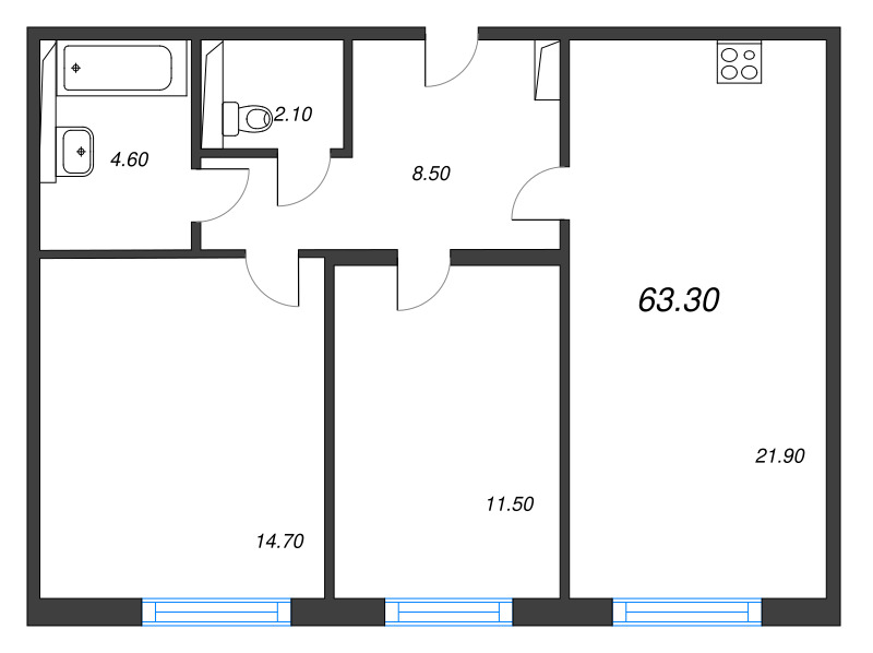3-комнатная (Евро) квартира, 63.3 м² в ЖК "Руднева 15" - планировка, фото №1