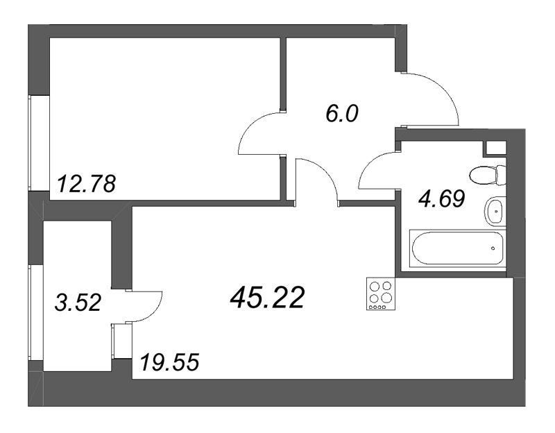 2-комнатная (Евро) квартира, 45.22 м² в ЖК "Аквилон Солар" - планировка, фото №1