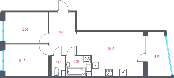 3-комнатная (Евро) квартира, 56.49 м² в ЖК "Город-спутник Южный" - планировка, фото №1