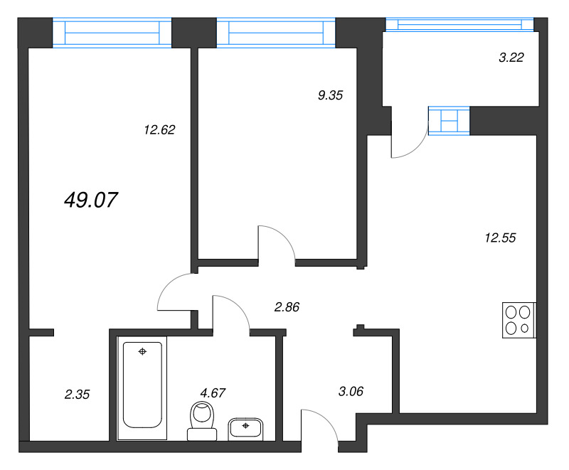 2-комнатная квартира, 49.07 м² в ЖК "Уютный" - планировка, фото №1