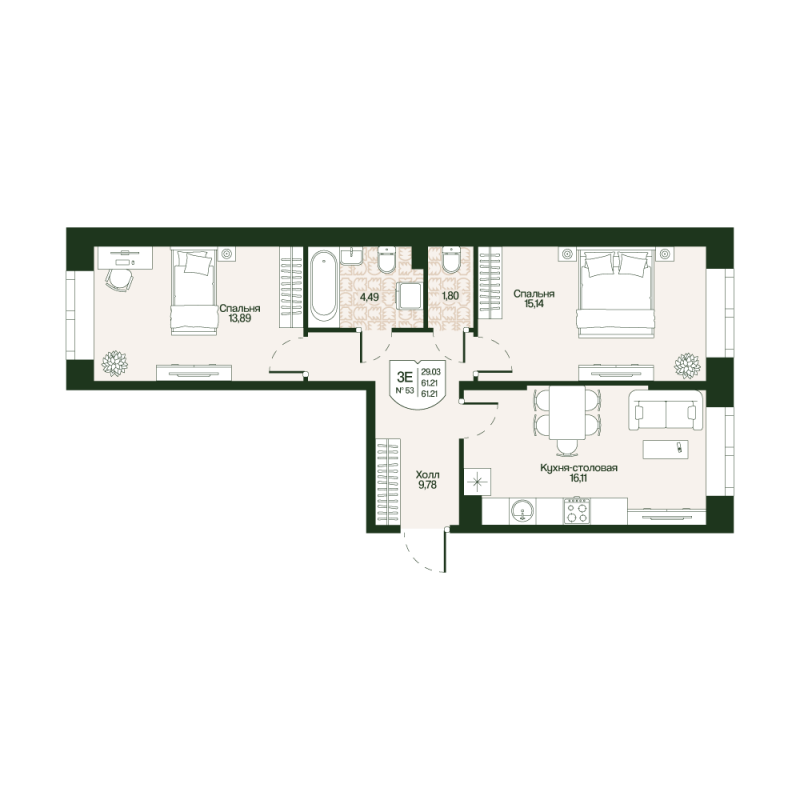 3-комнатная (Евро) квартира, 61.21 м² - планировка, фото №1