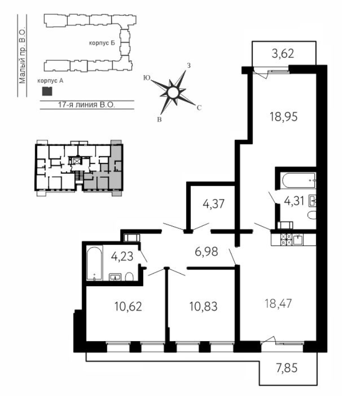 4-комнатная (Евро) квартира, 82.21 м² в ЖК "17-я линия" - планировка, фото №1