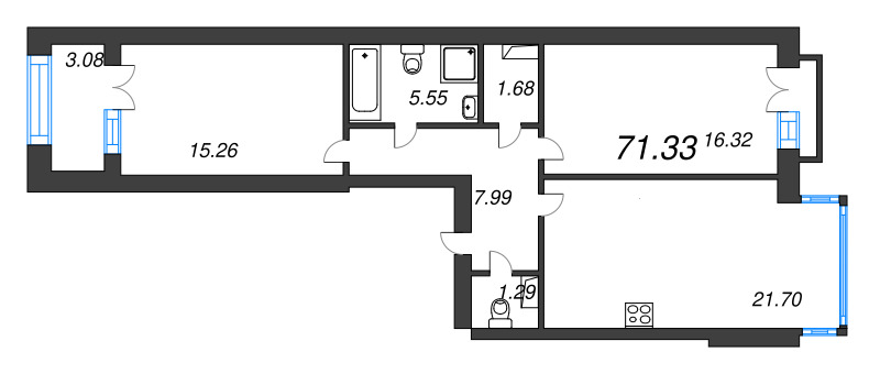 3-комнатная (Евро) квартира, 75.7 м² в ЖК "Наука" - планировка, фото №1
