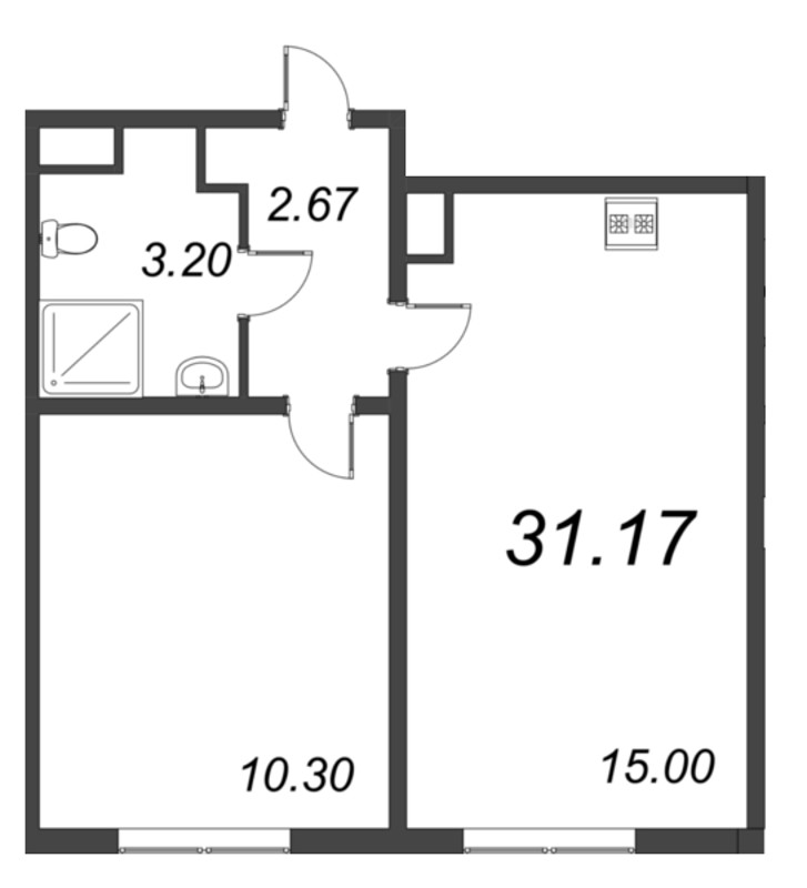 2-комнатная (Евро) квартира, 30.9 м² в ЖК "Ручьи" - планировка, фото №1
