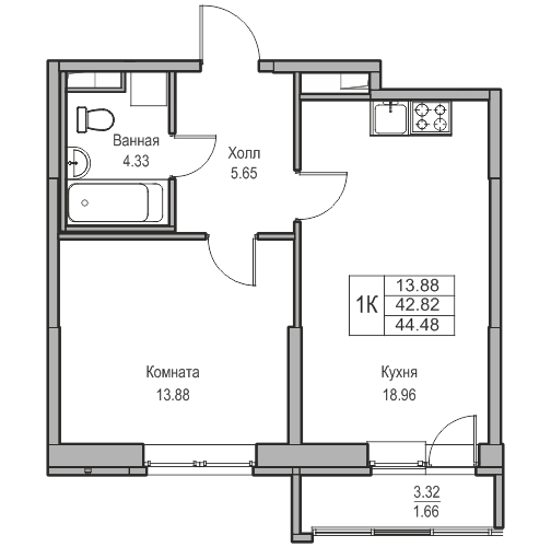 2-комнатная (Евро) квартира, 44.48 м² в ЖК "Юнтолово" - планировка, фото №1