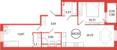 3-комнатная (Евро) квартира, 64.33 м² в ЖК "Энфилд" - планировка, фото №1