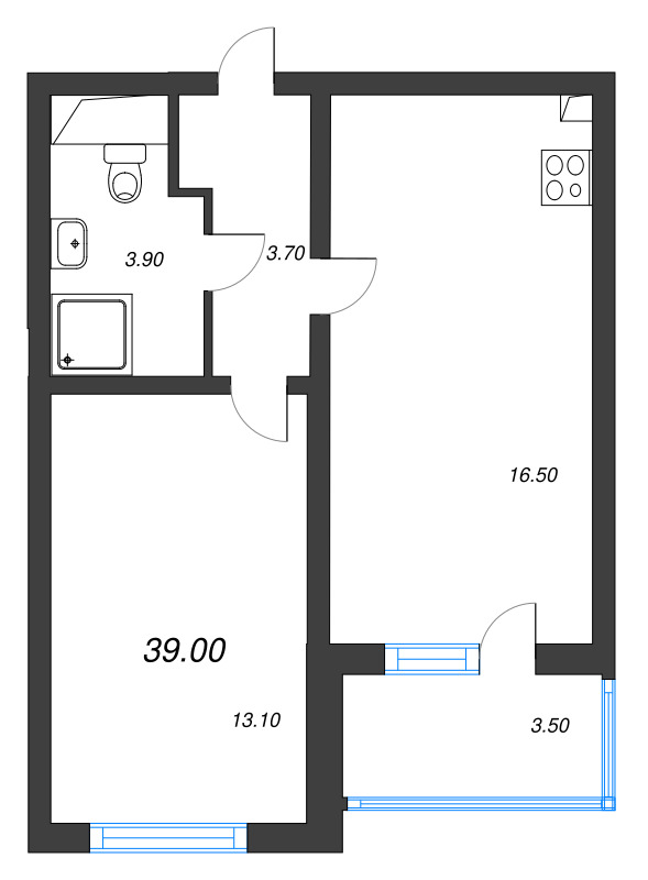 2-комнатная (Евро) квартира, 39 м² в ЖК "Ручьи" - планировка, фото №1