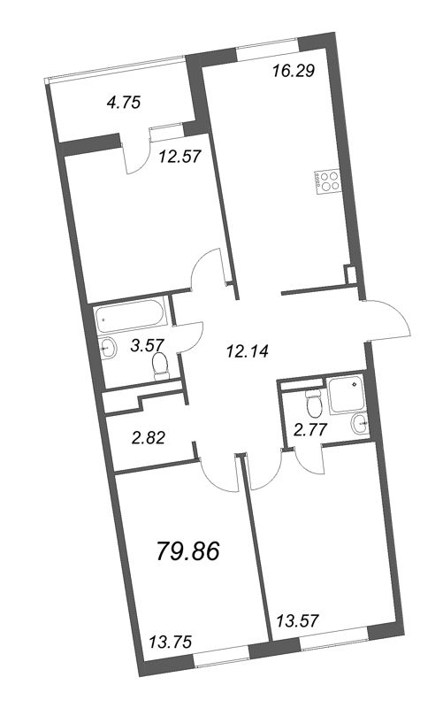 4-комнатная (Евро) квартира, 79.86 м² - планировка, фото №1