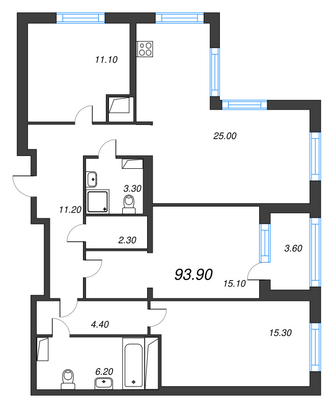 4-комнатная (Евро) квартира, 93.9 м² в ЖК "Струны" - планировка, фото №1