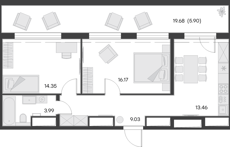 2-комнатная квартира, 64.4 м² в ЖК "GloraX Заневский" - планировка, фото №1