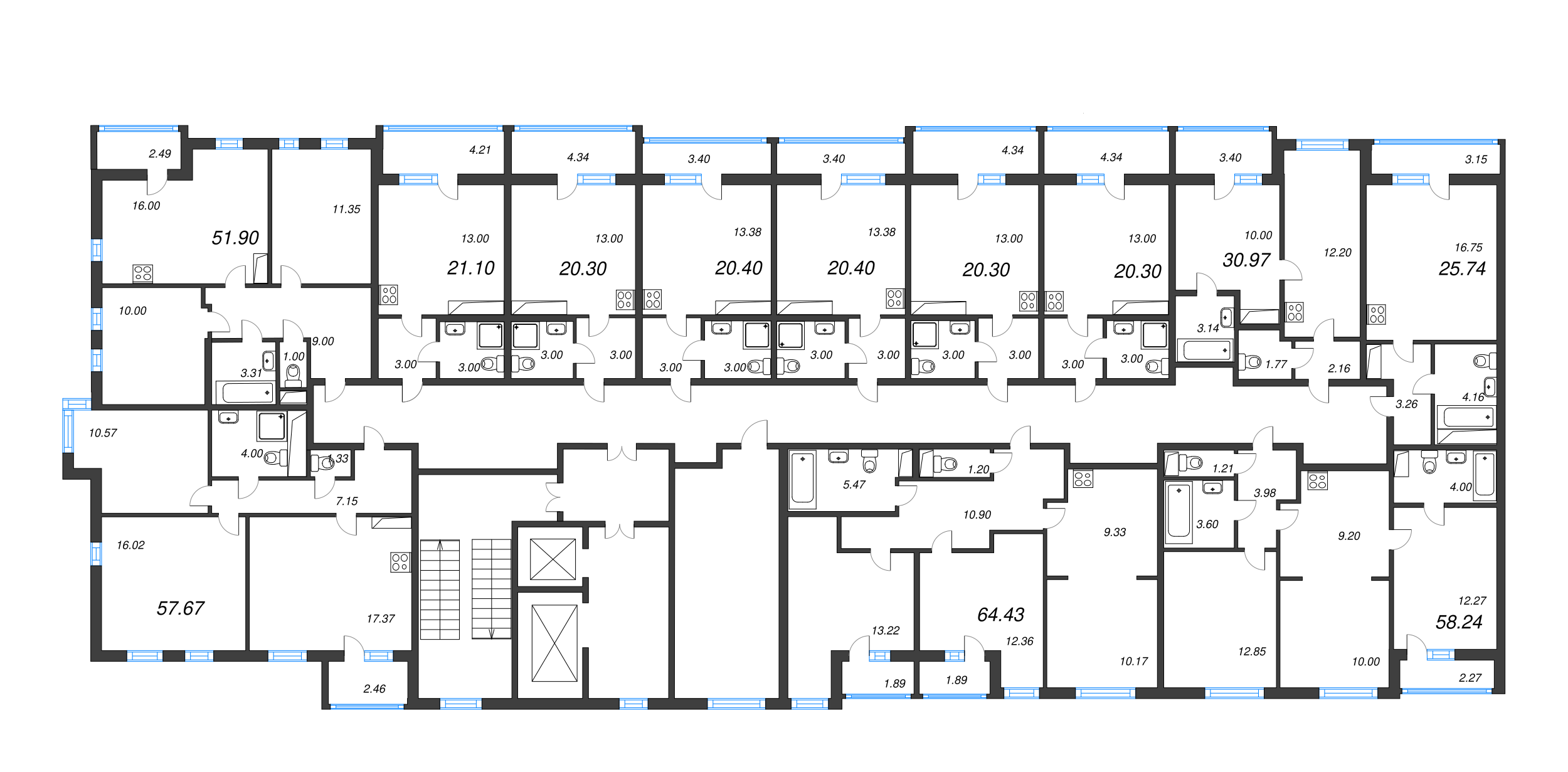 3-комнатная (Евро) квартира, 57.67 м² - планировка этажа