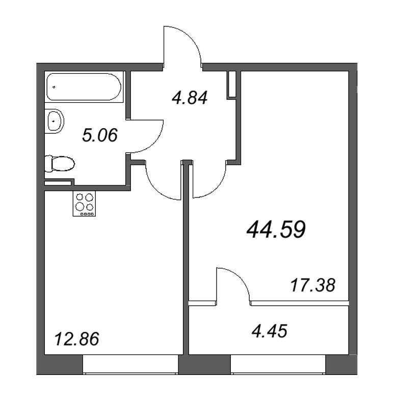 1-комнатная квартира, 44.59 м² - планировка, фото №1
